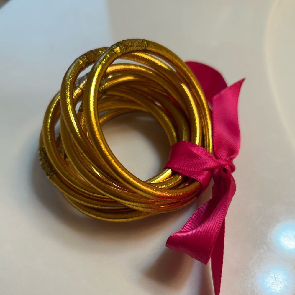 BudhaGirl Gold Bangles, size small, with Pink Ribbon